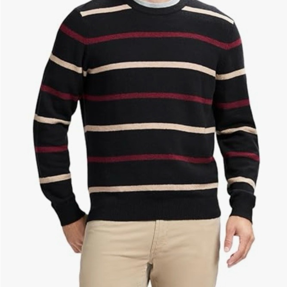 Izod Men's Black Sweater with Red and Tan Stripes New